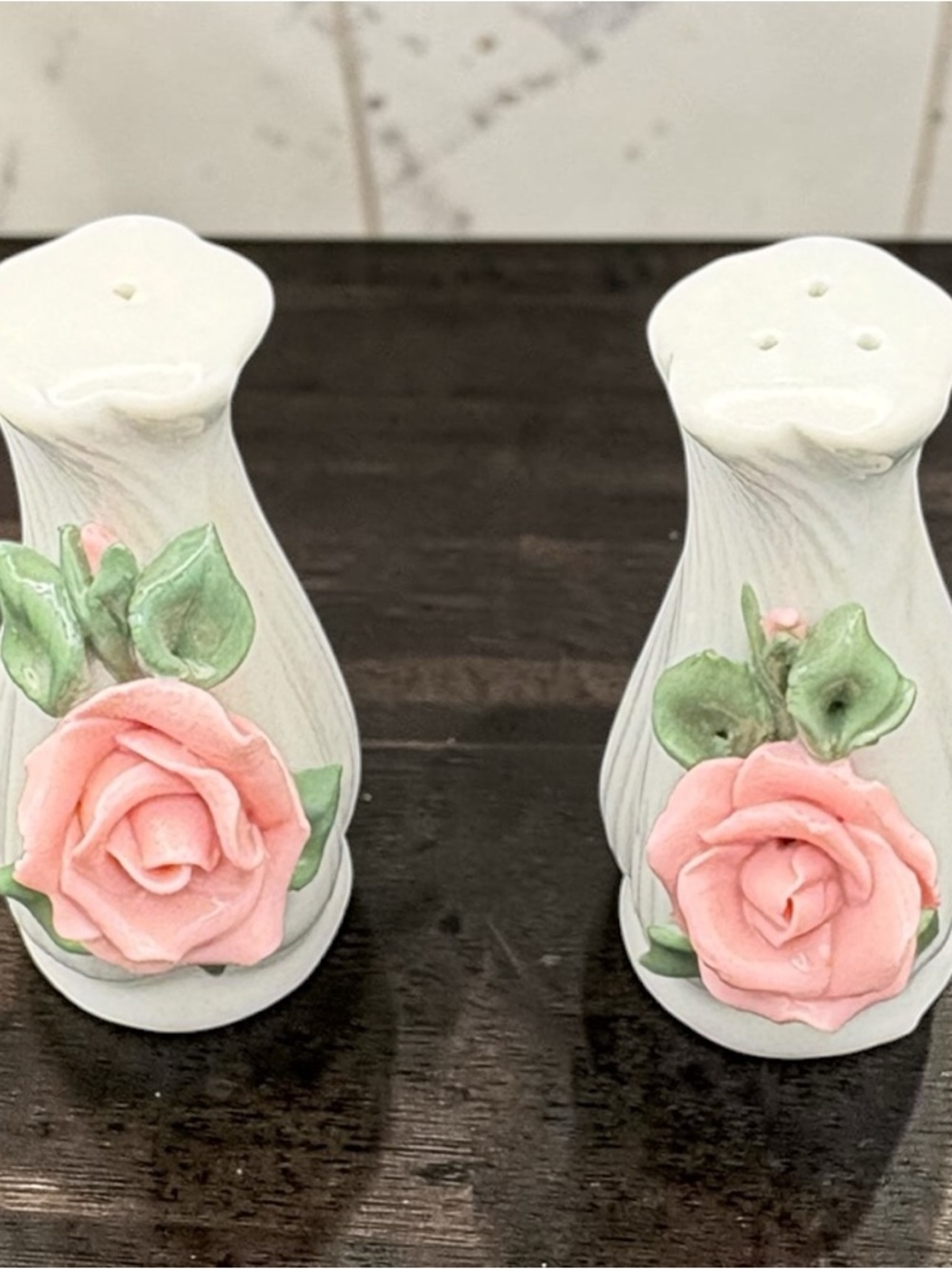 Vintage Porcelain White Salt & Pepper Shakers w/ Molded Pink Rose & Green Leaves - Picture 12 of 12